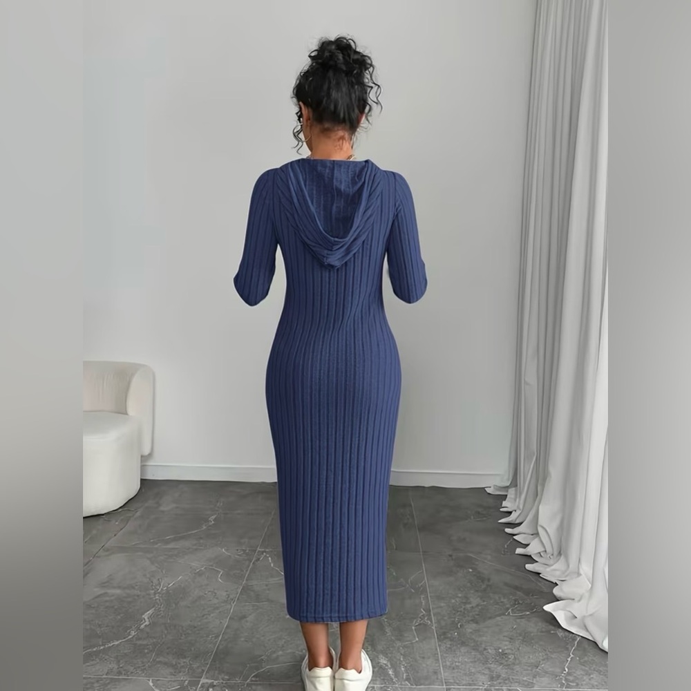 Elegant Blue Ribbed Cozy Knit Hoodie Dress breathable lightweight material New - Picture 2 of 4